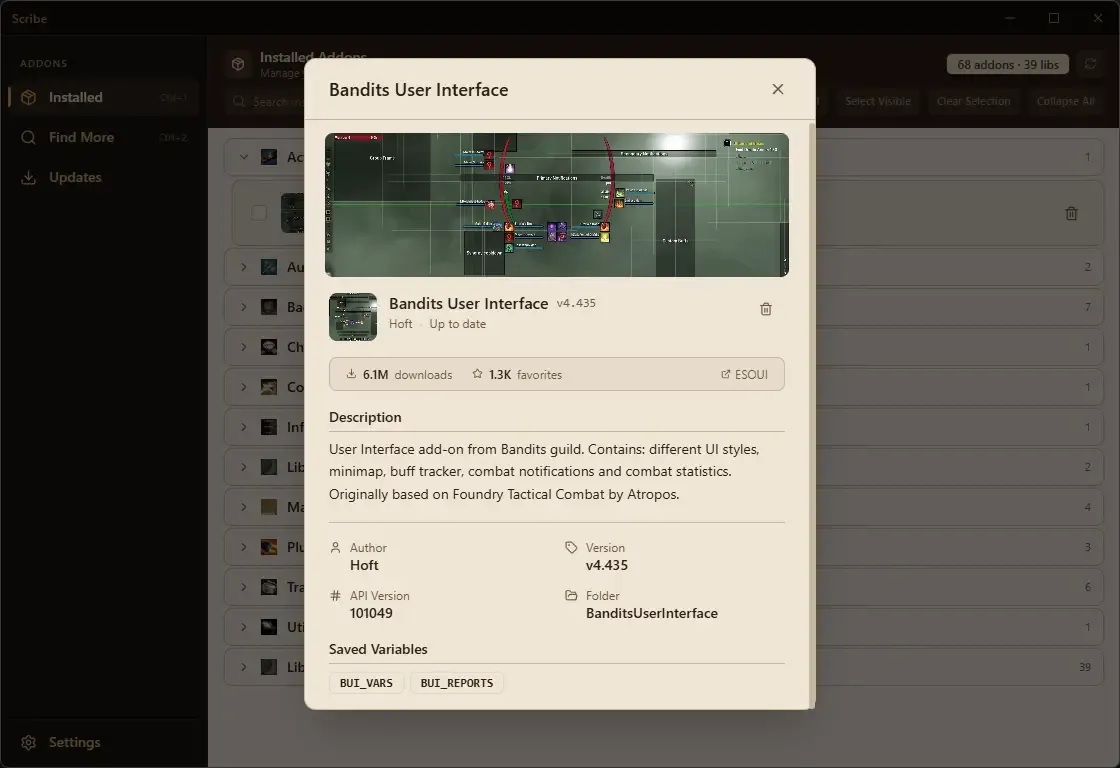 Installed addon details view in Scribe