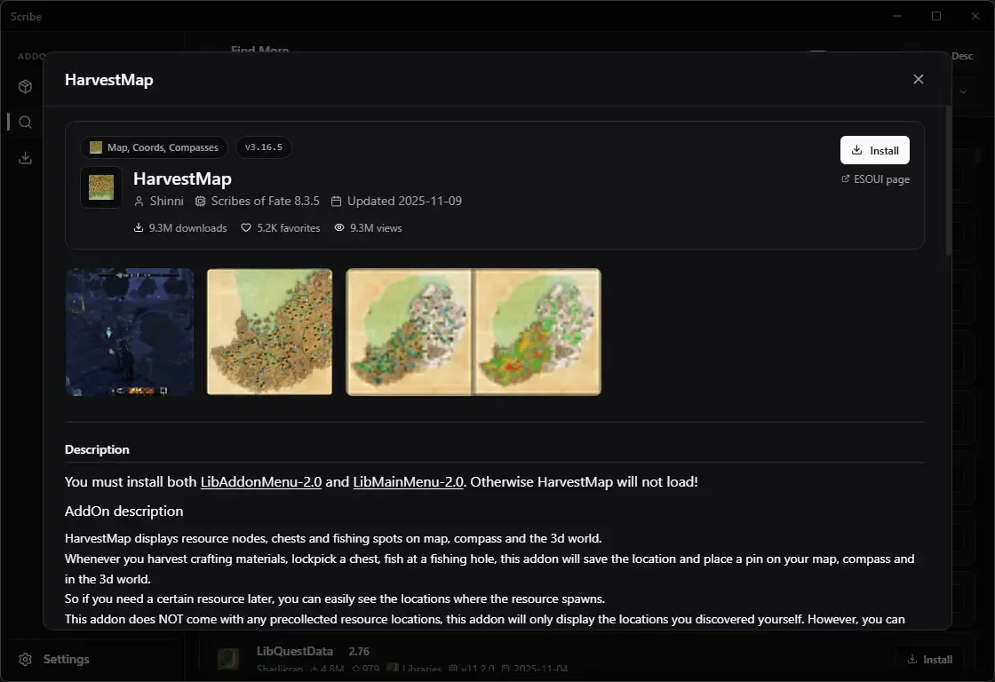 ESO addon details panel in Scribe