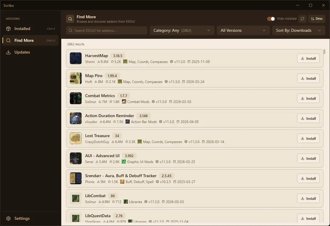 Browse and discover new ESO addons in Scribe