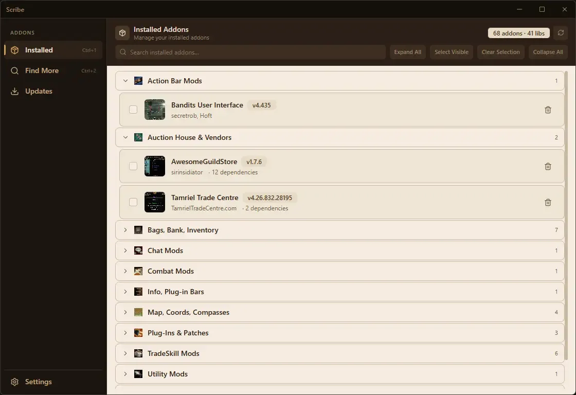 Installed ESO addons list in Scribe addon manager